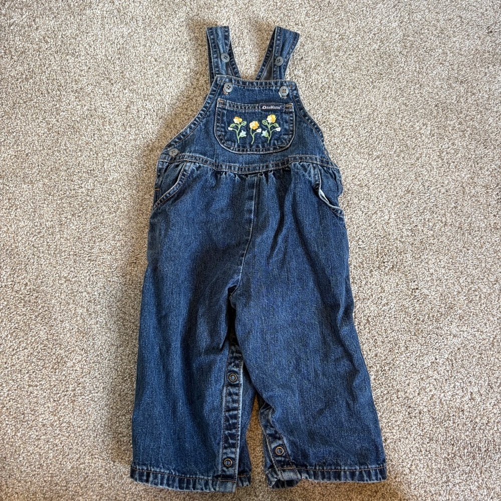 Vintage Oshkosh B’Gosh Girls Overalls Denim Embroidered Flowers Size 24 months